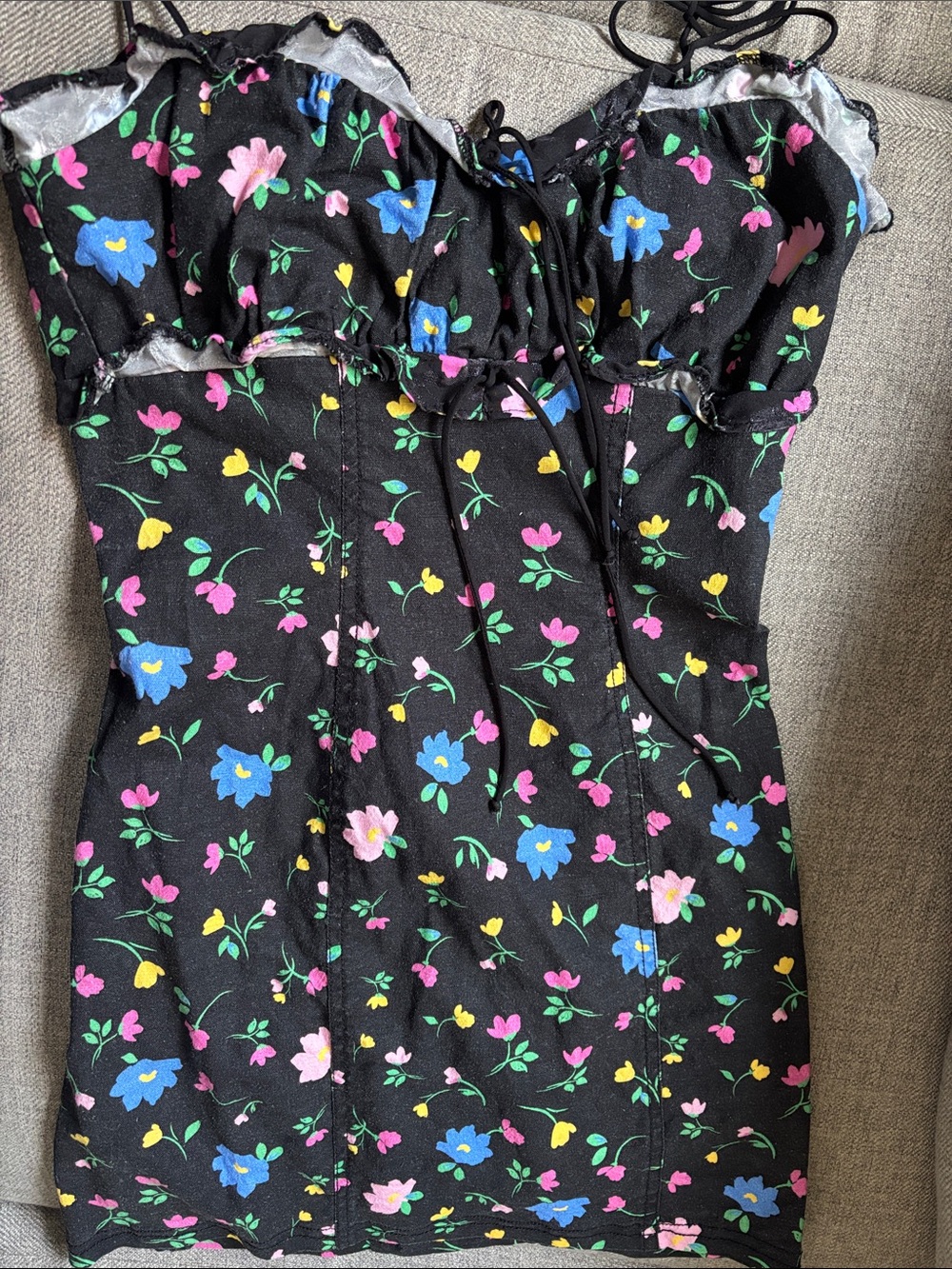 Black Floral Bustier Mini Dress with Pink, Blue & Yellow Flowers